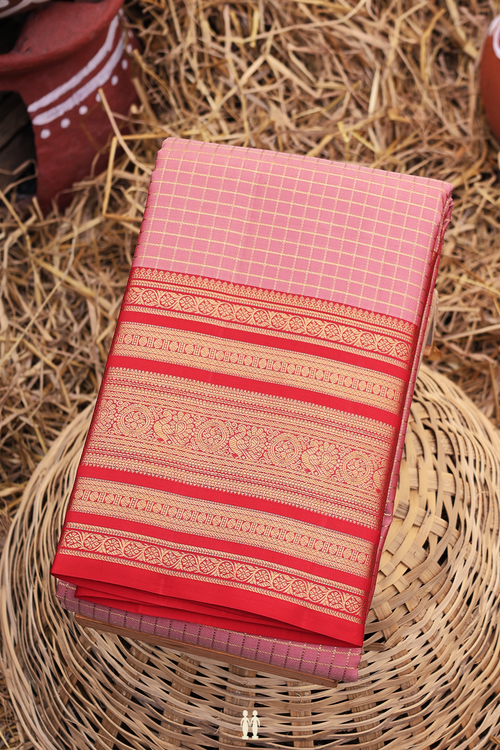 Kanchipuram Silk Saree In Dusty Pink With Checks Design