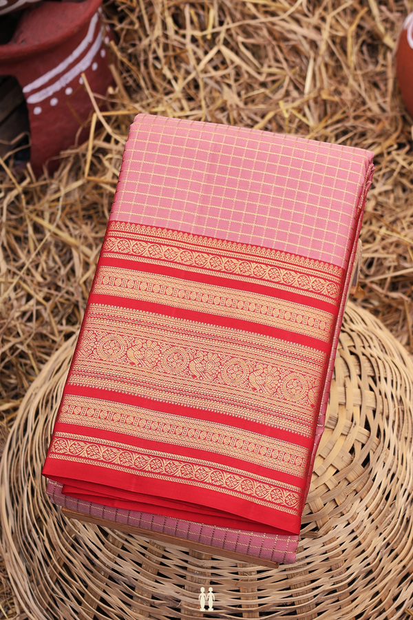 Kanchipuram Silk Saree In Dusty Pink With Checks Design