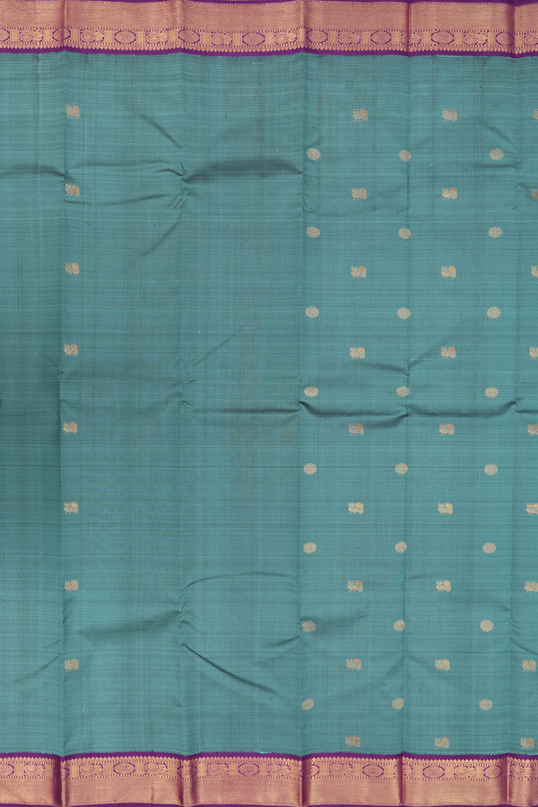 Kanchipuram Silk Saree In Dusty Teal With Peacock Buttas