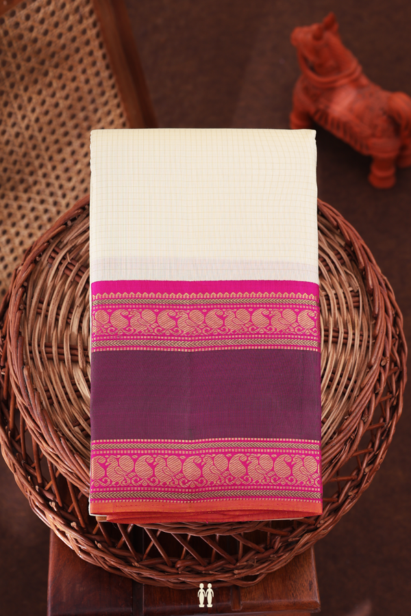 Kanchipuram Silk Saree In Egg White With Checks Design