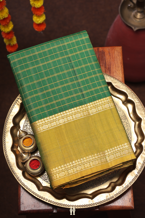 Kanchipuram Silk Saree In Emerald Green With Checks Design
