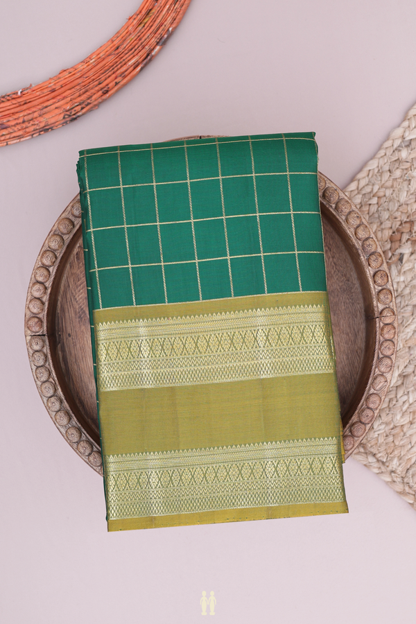 Kanchipuram Silk Saree In Emerald Green With Checks Design