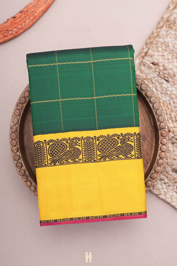 Kanchipuram Silk Saree In Emerald Green With Checks Design