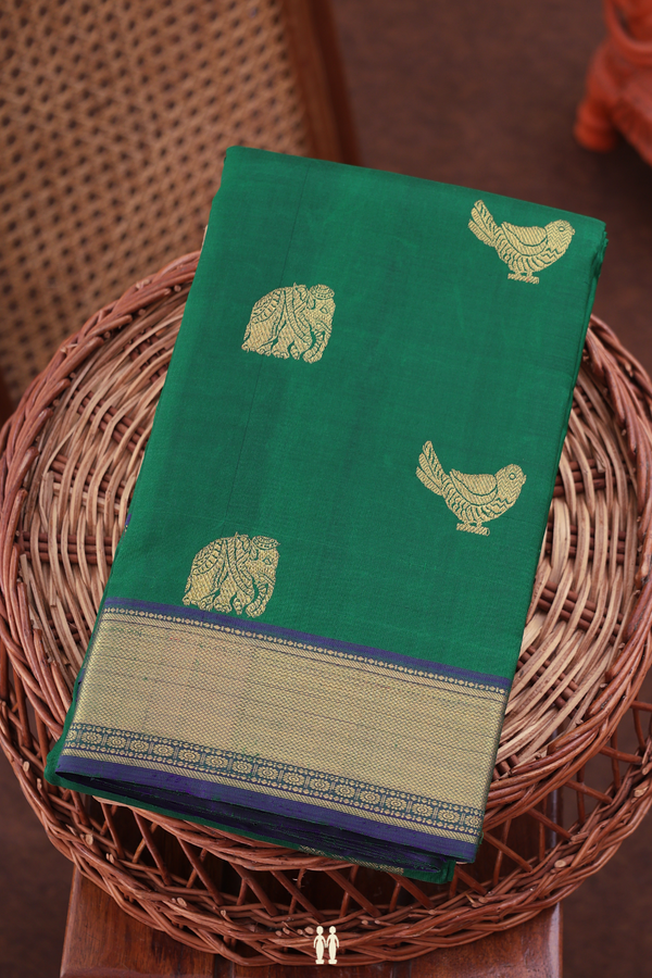 Kanchipuram Silk Saree In Emerald Green With Elephant Buttas