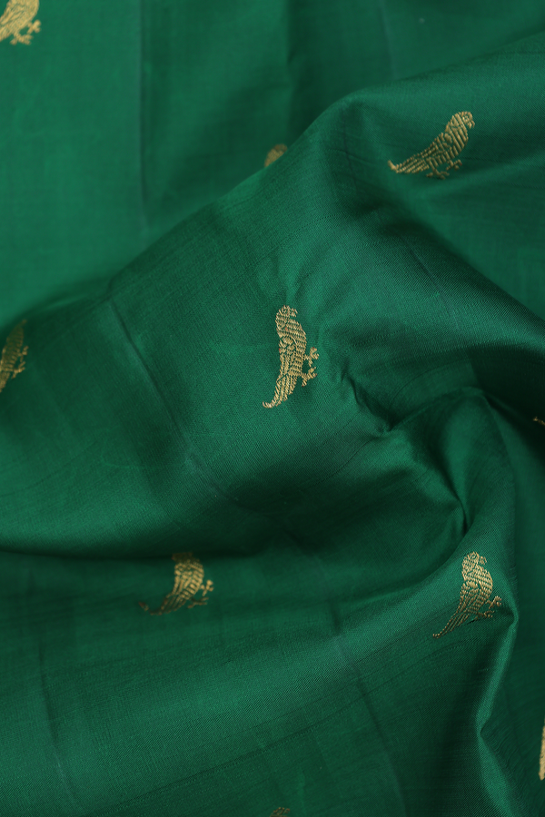 Kanchipuram Silk Saree In Emerald Green With Parrot Buttas