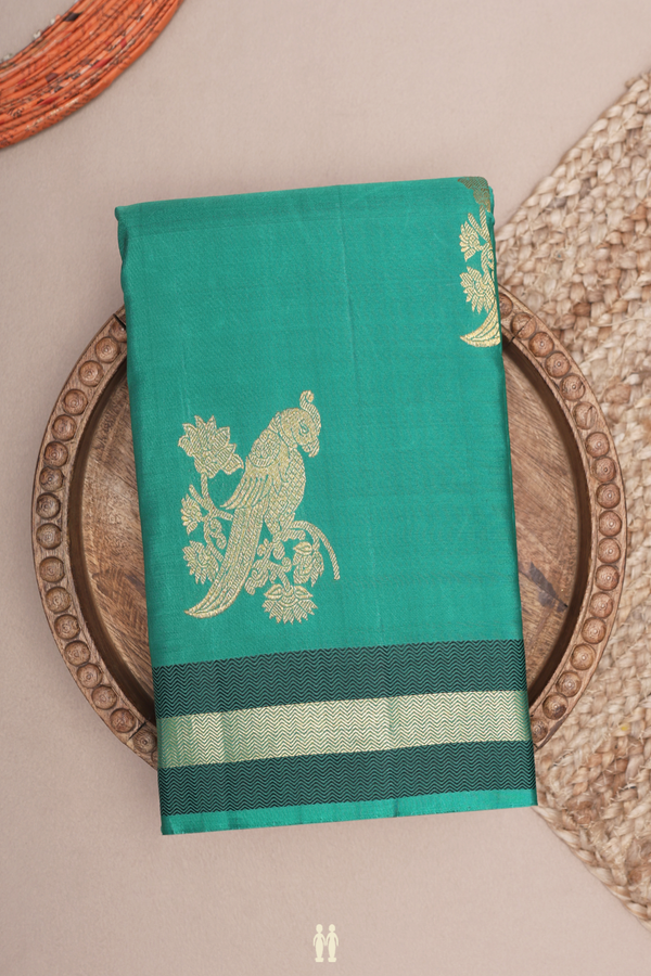Kanchipuram Silk Saree In Emerald Green With Parrot Motifs