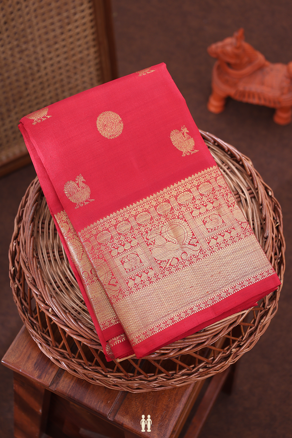 Kanchipuram Silk Saree In Chilli Red With Peacock Buttas