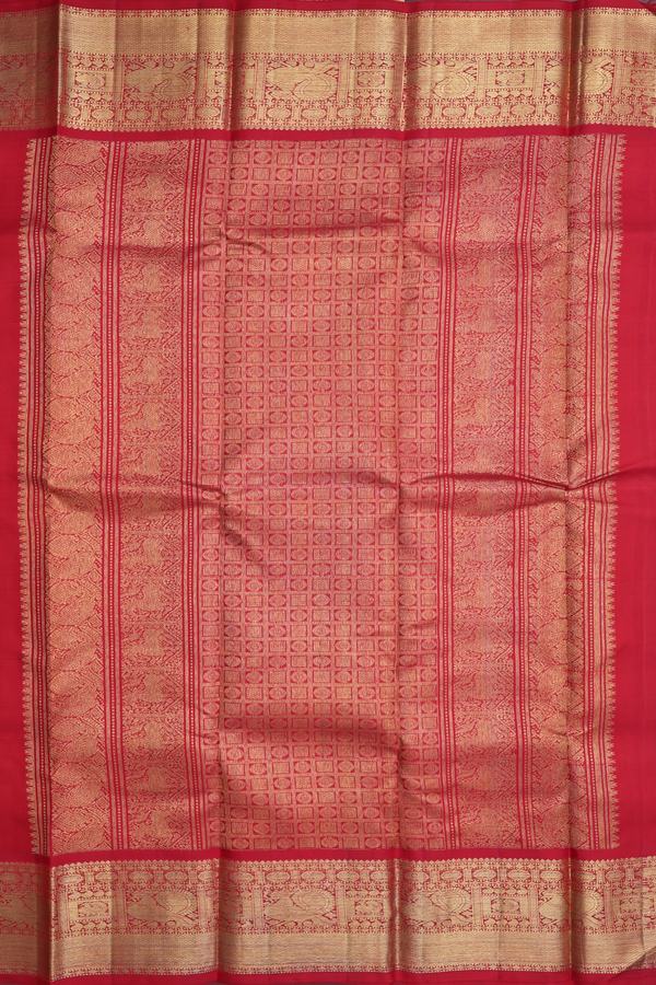 Kanchipuram Silk Saree In Chilli Red With Peacock Buttas
