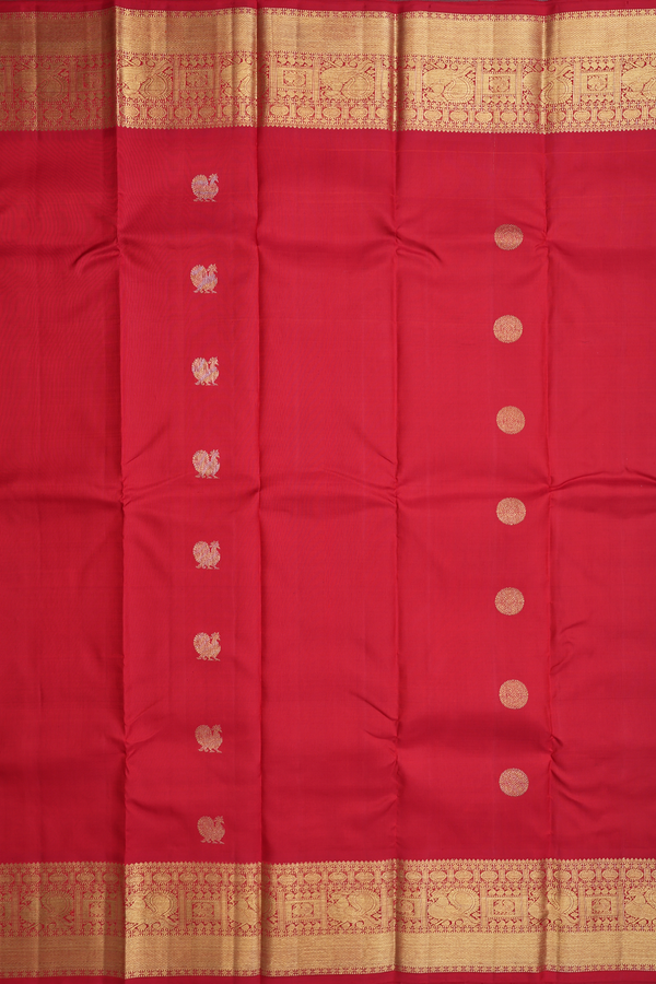 Kanchipuram Silk Saree In Chilli Red With Peacock Buttas