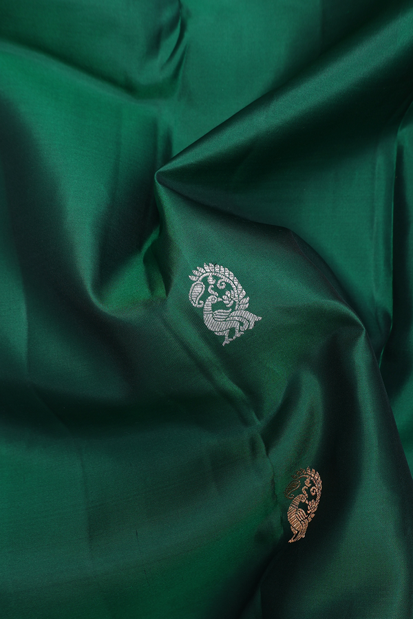 Kanchipuram Silk Saree In Emerald Green With Peacock Buttas