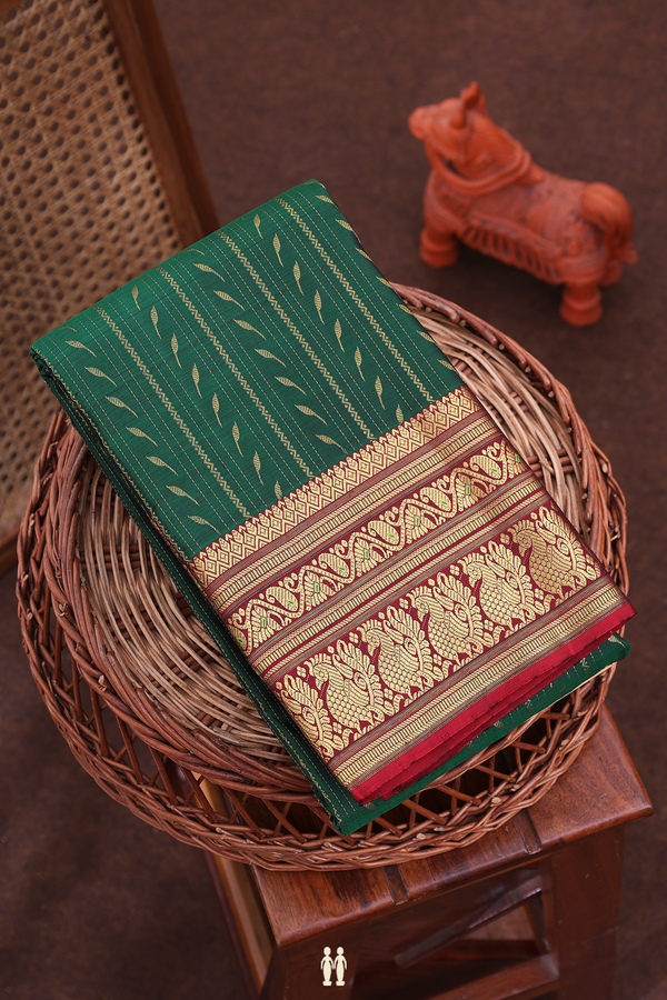 Kanchipuram Silk Saree In Emerald Green With Stripes Design