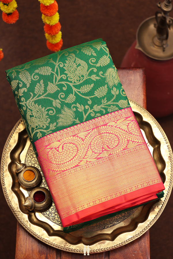 Kanchipuram Silk Saree In Forest Green With Brocade Design