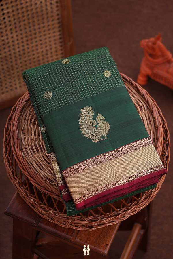Kanchipuram Silk Saree In Forest Green With Checks Design