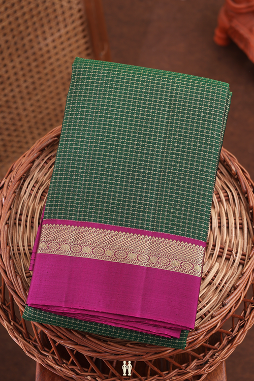Kanchipuram Silk Saree In Forest Green With Checks Design