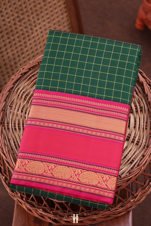 Kanchipuram Silk Saree In Forest Green With Checks Design