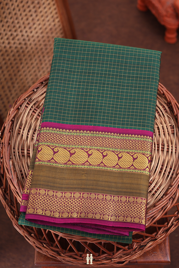 Kanchipuram Silk Saree In Forest Green With Checks Design