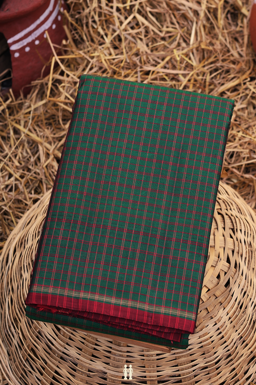 Kanchipuram Silk Saree In Forest Green With Checks Design