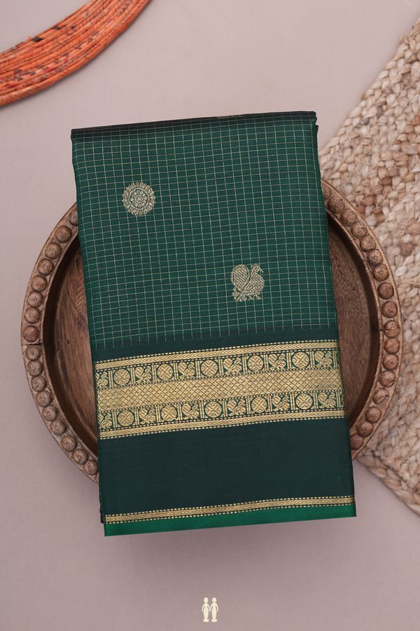 Kanchipuram Silk Saree In Forest Green With Checks Design