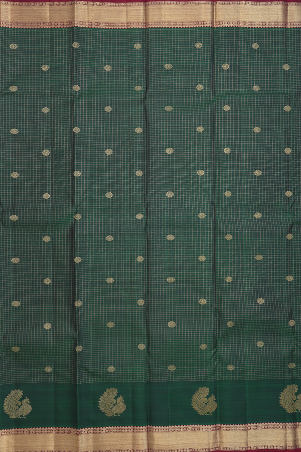 Kanchipuram Silk Saree In Forest Green With Checks Design