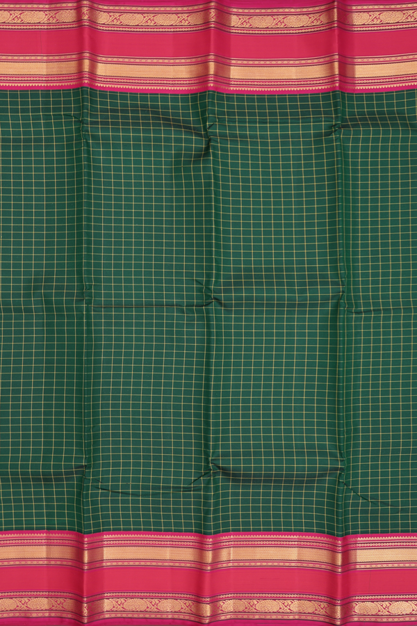 Kanchipuram Silk Saree In Forest Green With Checks Design