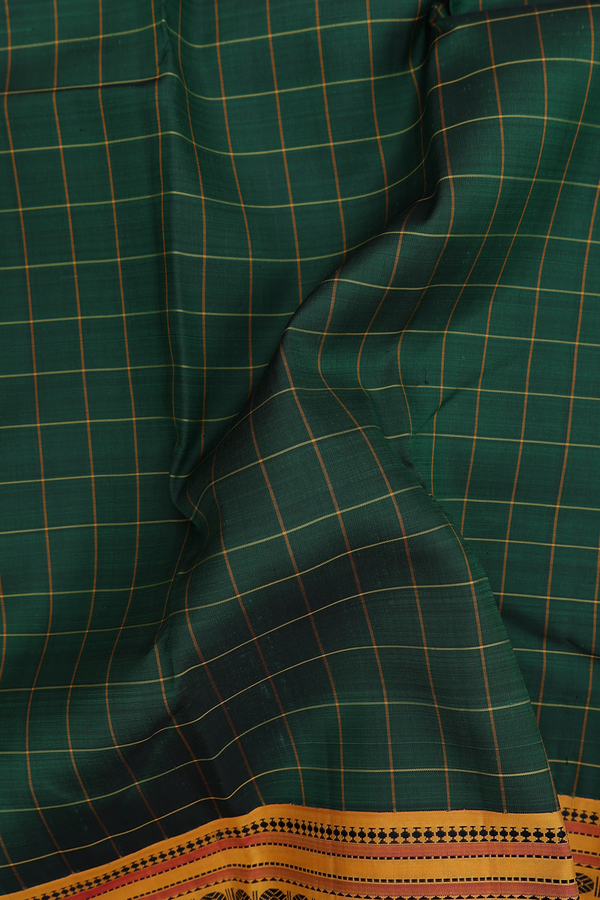 Kanchipuram Silk Saree In Forest Green With Checks Design
