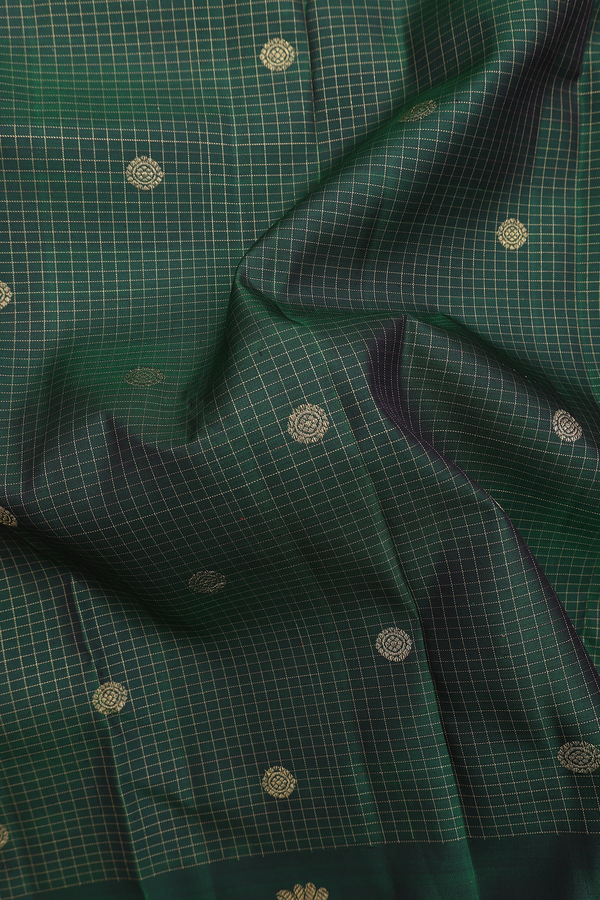 Kanchipuram Silk Saree In Forest Green With Checks Design