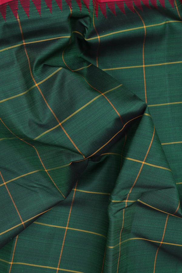 Kanchipuram Silk Saree In Forest Green With Checks Design