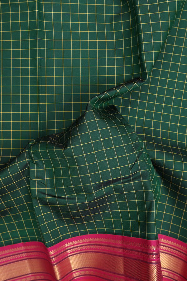 Kanchipuram Silk Saree In Forest Green With Checks Design