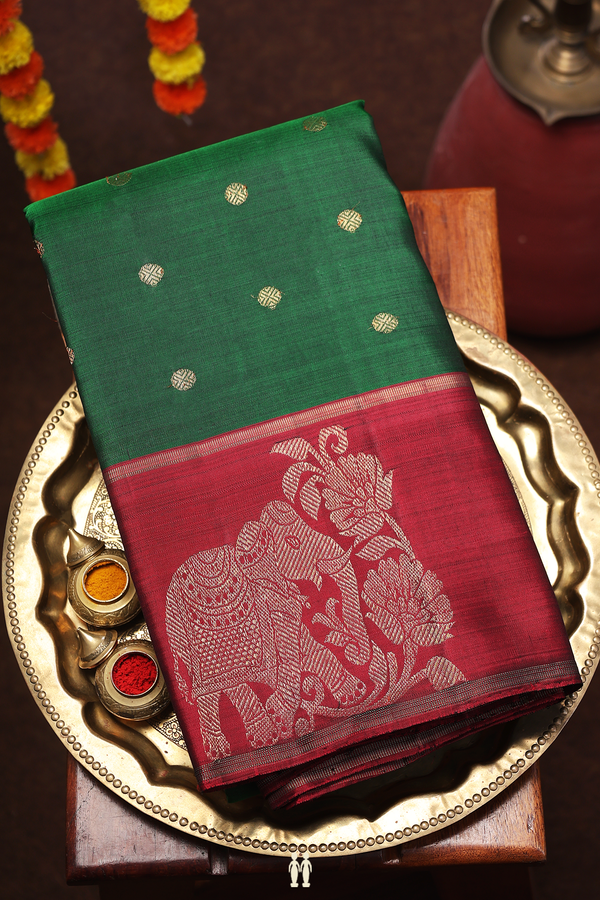 Kanchipuram Silk Saree In Forest Green With Floral Buttas