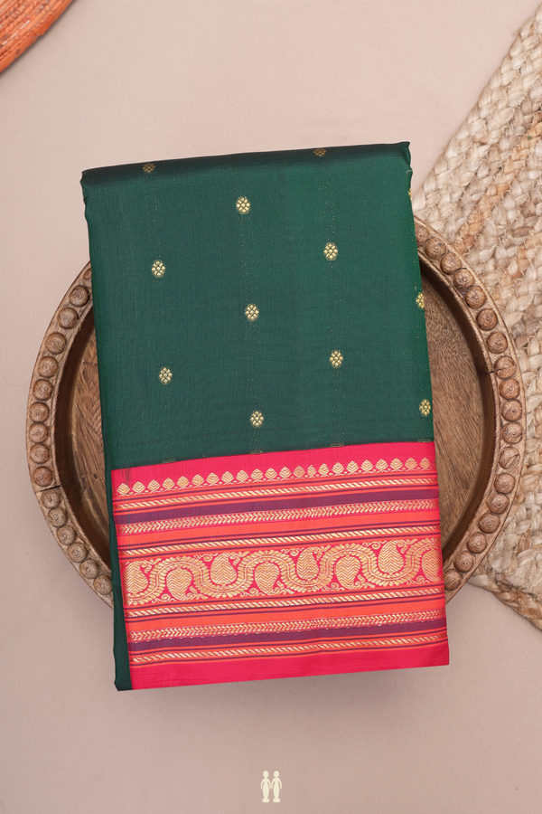 Kanchipuram Silk Saree In Forest Green With Floral Buttas
