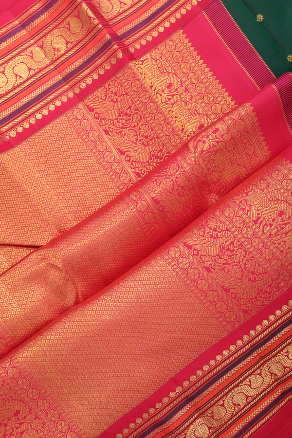 Kanchipuram Silk Saree In Forest Green With Floral Buttas