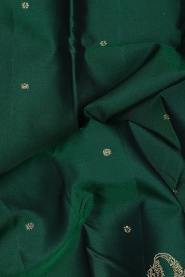 Kanchipuram Silk Saree In Forest Green With Floral Buttas