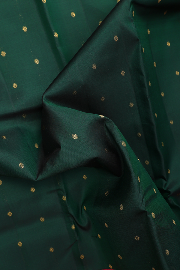 Kanchipuram Silk Saree In Forest Green With Floral Buttas