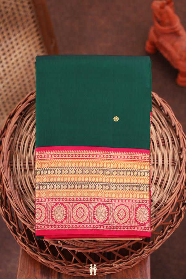 Kanchipuram Silk Saree In Forest Green With Floral Buttis
