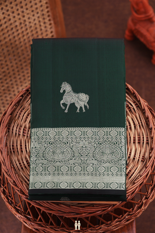 Kanchipuram Silk Saree In Forest Green With Horse Motifs