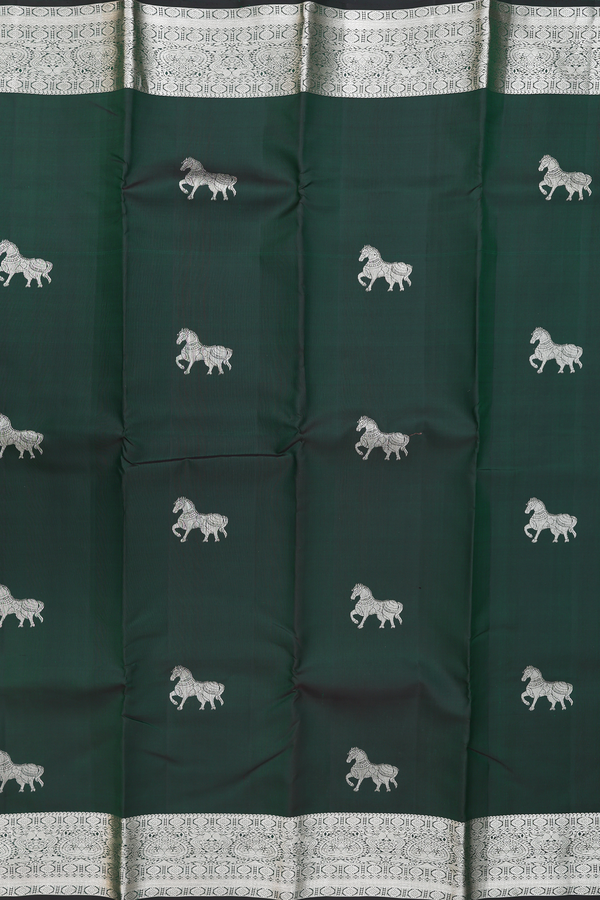 Kanchipuram Silk Saree In Forest Green With Horse Motifs