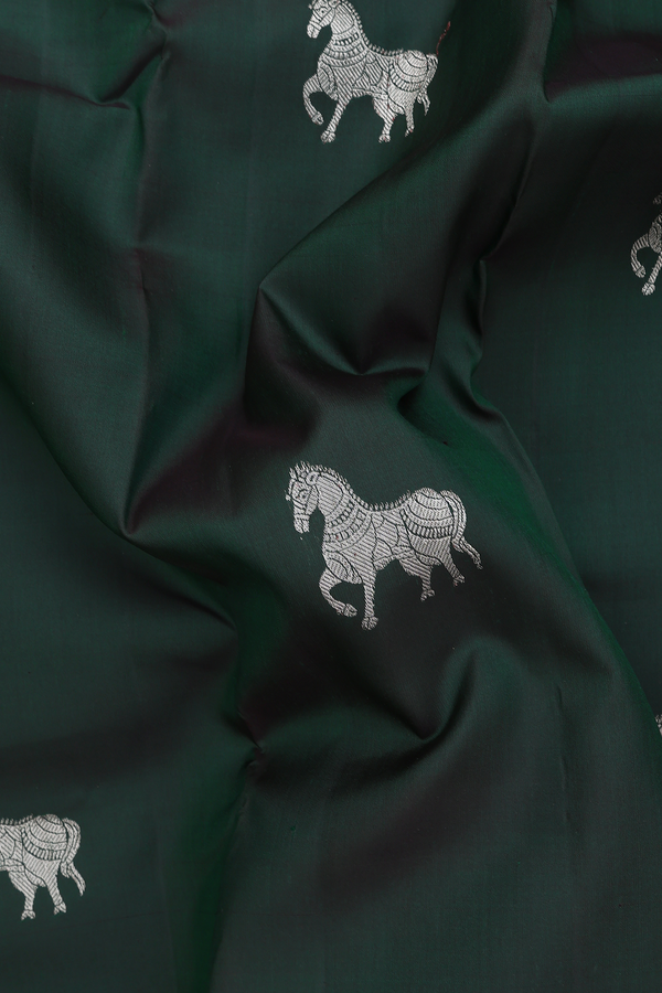 Kanchipuram Silk Saree In Forest Green With Horse Motifs