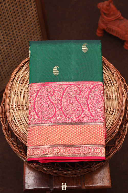 Kanchipuram Silk Saree In Forest Green With Paisley Buttas