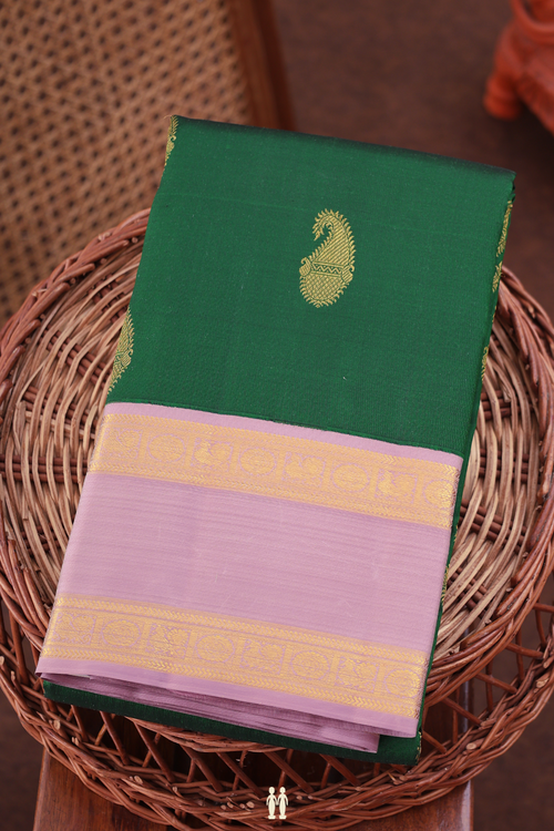 Kanchipuram Silk Saree In Forest Green With Paisley Buttas