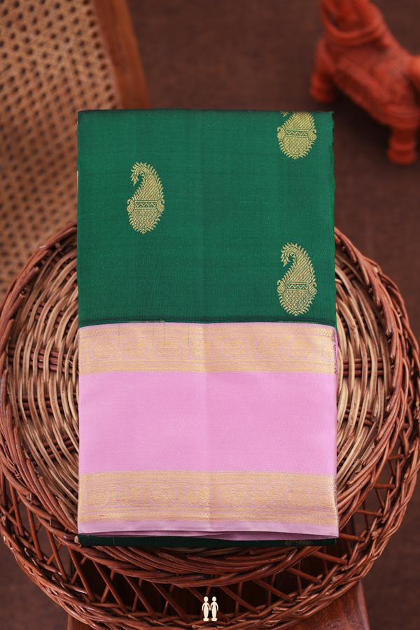 Kanchipuram Silk Saree In Forest Green With Paisley Buttas