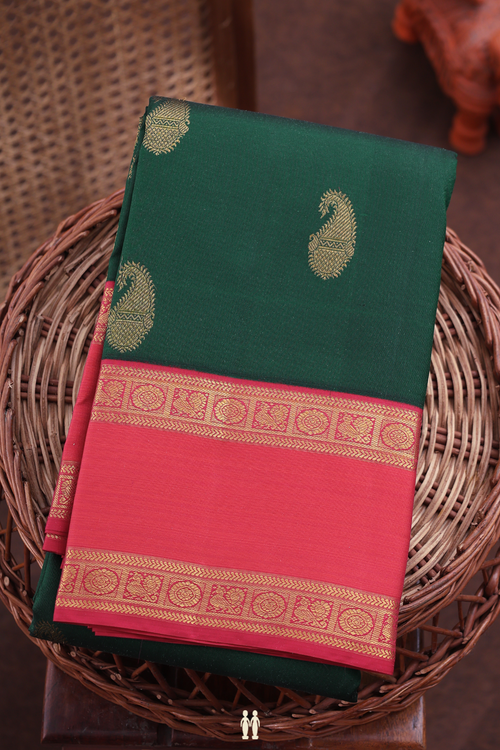 Kanchipuram Silk Saree In Forest Green With Paisley Buttas