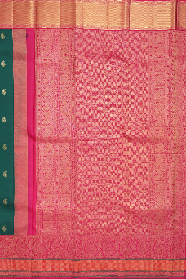 Kanchipuram Silk Saree In Forest Green With Paisley Buttas