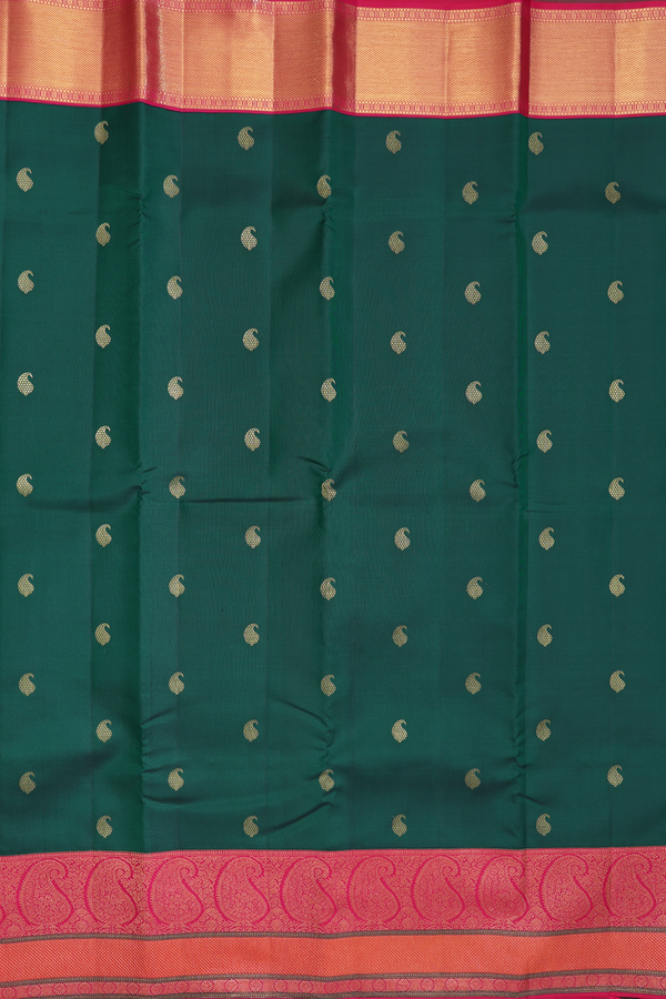 Kanchipuram Silk Saree In Forest Green With Paisley Buttas