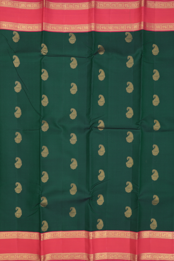 Kanchipuram Silk Saree In Forest Green With Paisley Buttas