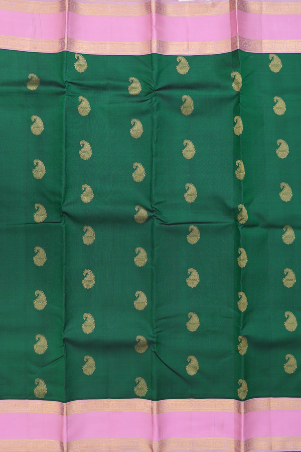 Kanchipuram Silk Saree In Forest Green With Paisley Buttas
