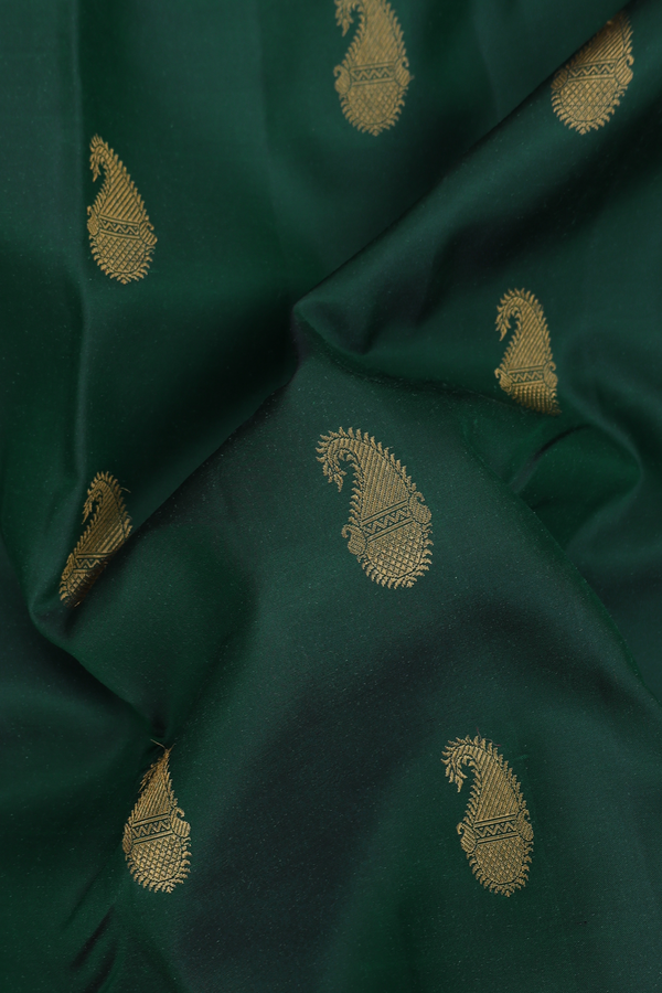 Kanchipuram Silk Saree In Forest Green With Paisley Buttas