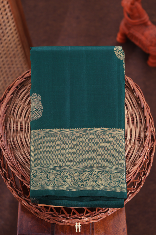Kanchipuram Silk Saree In Forest Green With Peacock Buttas