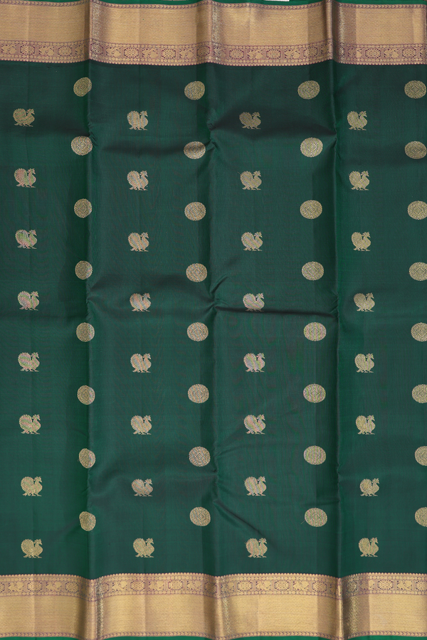 Kanchipuram Silk Saree In Forest Green With Peacock Buttas