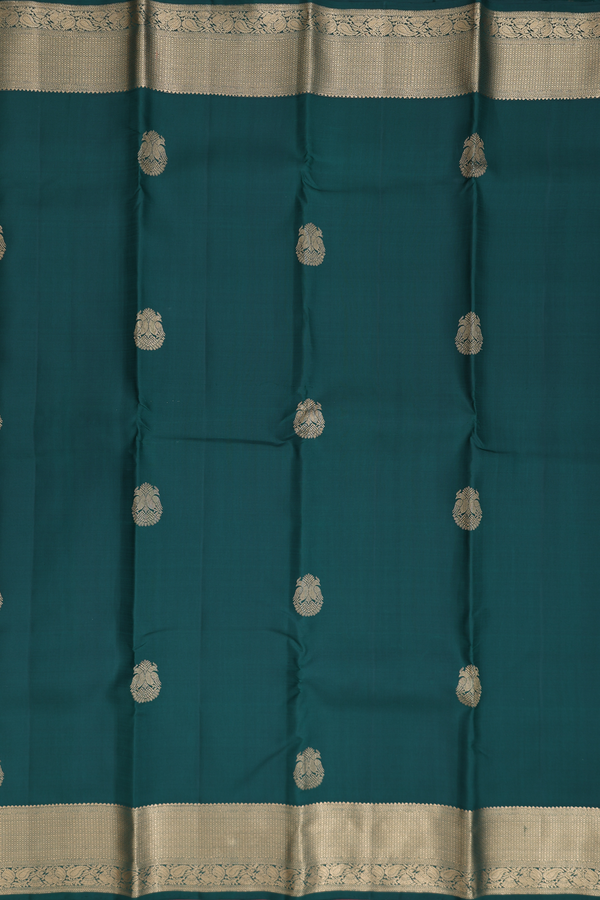 Kanchipuram Silk Saree In Forest Green With Peacock Buttas