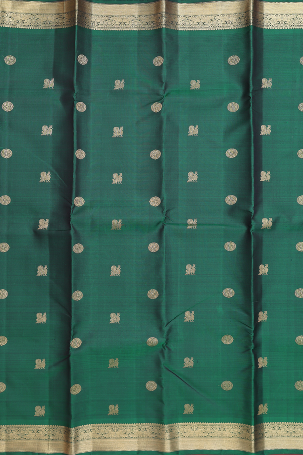 Kanchipuram Silk Saree In Forest Green With Peacock Buttas